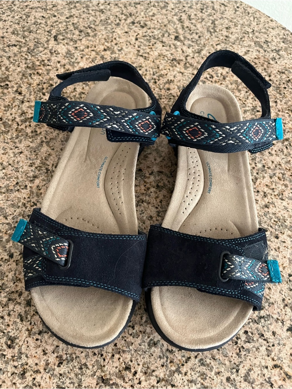 Clarks Navy Suede Adjustable Strap Sandals with Teal Accents Sz 9 - Picture 5 of 5